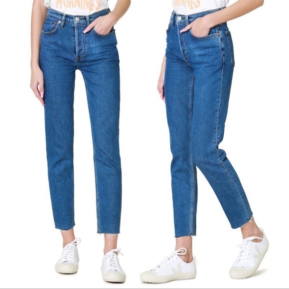 Re/Done Originals Jeans 90s High Rise Waist Ankle Crop High Rise In French Blue - Picture 1 of 8